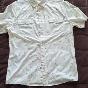 Poncho Men's Short-Sleeve Casual Button-Down Shirt in Cream with Subtle Print